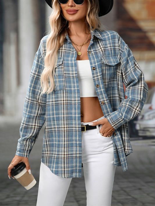 Autumn Winter Women Clothing Casual Loose Plaid Pocket Shirt for Women - Iyanka