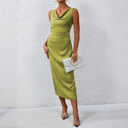 Women Spring Summer Summer Satin Maxi Dress Pleated Sexy Satin Dress - Iyanka