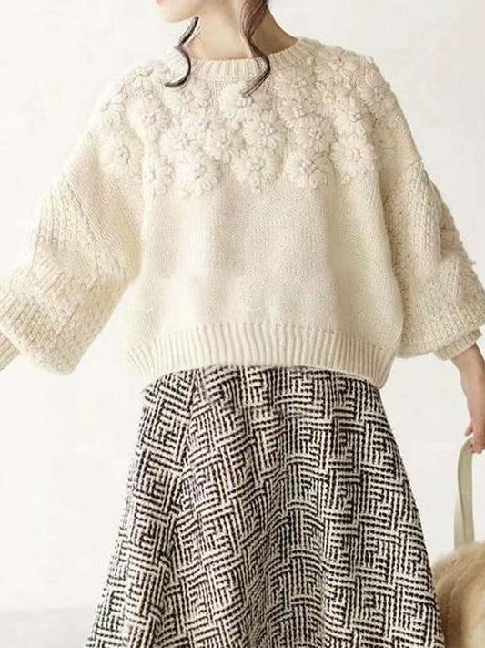 Autumn Winter Fresh Machine Embroidery Three Dimensional Little Daisy Pullover round Neck Loose Knitted Sweater - Iyanka