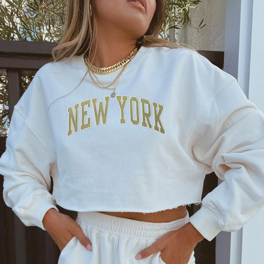 Women Clothing Autumn Winter York Letter Graphic Printing Short Loose Long Sleeves Sweatshirt - Iyanka