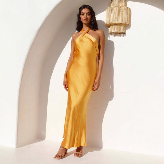 Summer Dress Slimming Solid Color Halterneck with Suspenders Cocktail Satin Dress - Iyanka