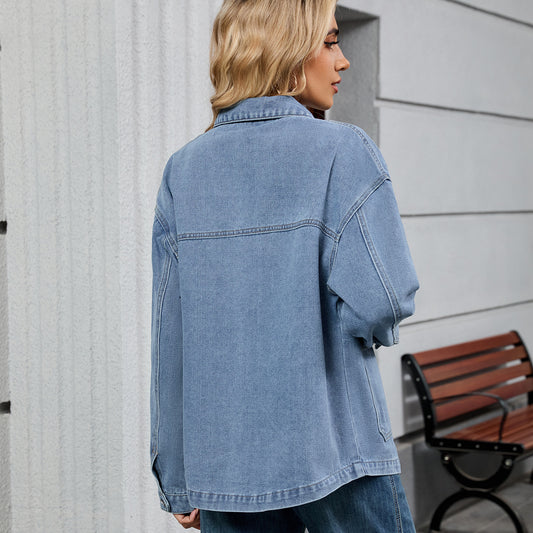 Women Clothing Retro Loose Casual Long Sleeve Coat Early Autumn Polo Collar Denim Coat - Iyanka
