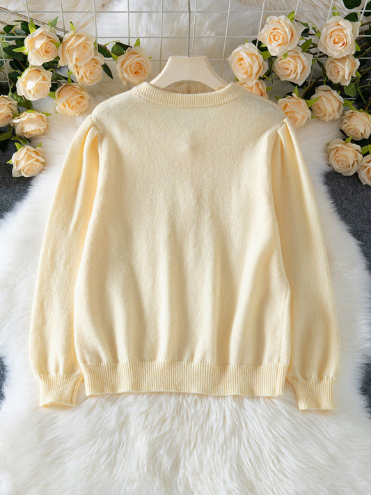 Women Autumn Winter Elegant Solid Color Knitted Cardigan Crocheted Hollow Out Cutout out Long Sleeve Single Breasted Sweater Coat - Iyanka