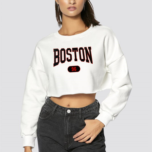 Women Clothing Autumn Winter Boston Letter Graphic Printing Cropped Long Sleeves Sweatshirt Women - Iyanka