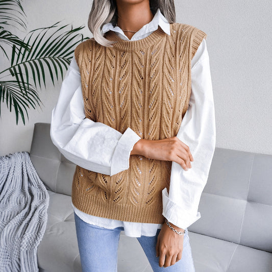 Autumn Winter round Neck Hollow Out Cutout Leaves Casual Knitted Vest Sweater Women Clothing - Iyanka