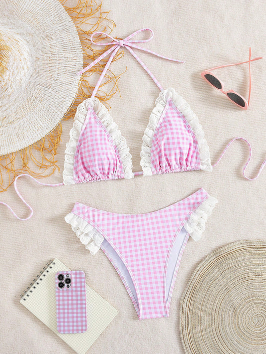 Summer Lace Plaid Halter Bikini Flounced Vacation Split Swimsuit Two Piece Sets Women Swimsuit - Iyanka
