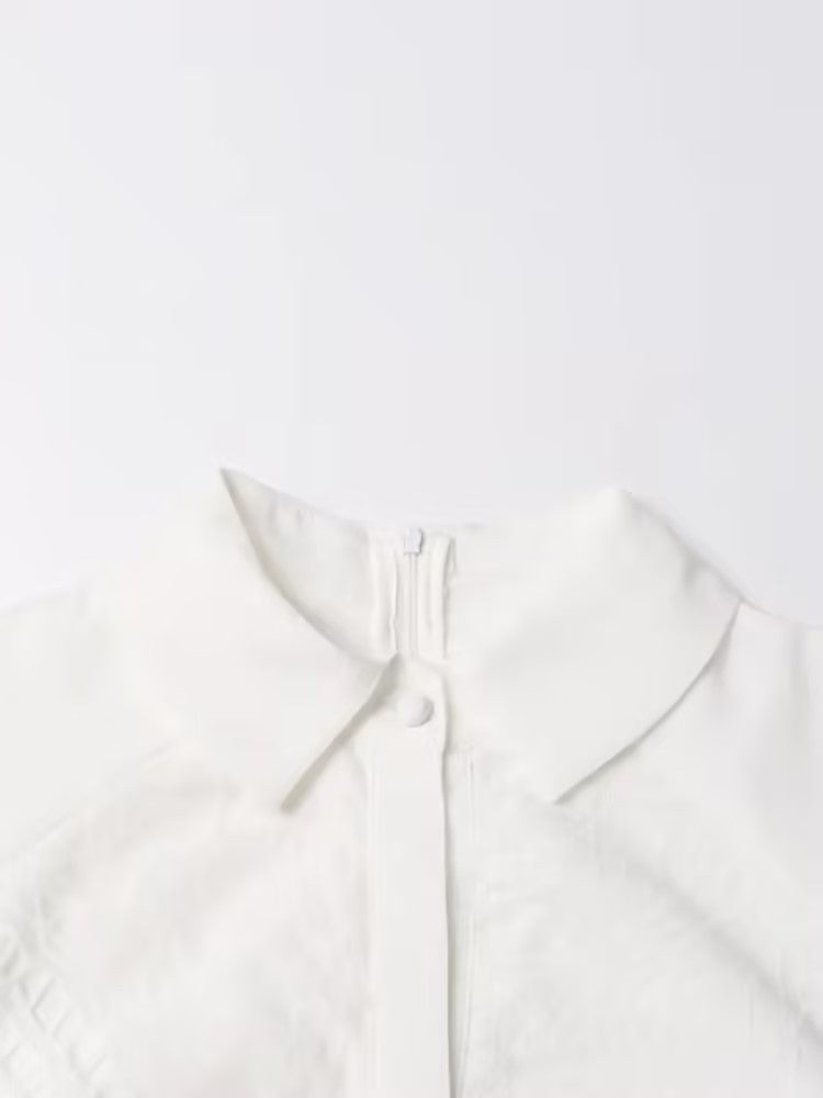 Retro Autumn Polo Collar Long Lantern Sleeve Mid Length with Embroidery Hollow Out Cutout out Solid Color Dress for Women