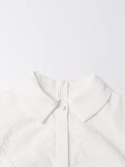 Retro Autumn Polo Collar Long Lantern Sleeve Mid Length with Embroidery Hollow Out Cutout out Solid Color Dress for Women