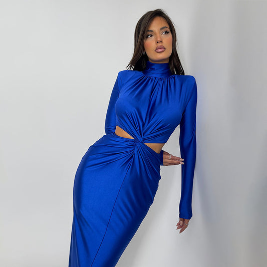 Half High Collar Long Sleeves Stitching Dress Women Sexy Backless Pleated Dress Winter - Iyanka