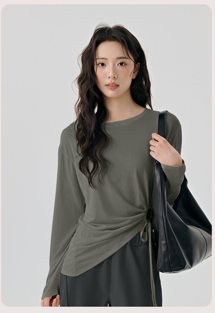 Casual Loose High-Grade Yoga Clothes Blouse Women Side Drawstring Workout Blouse Thin Breathable Sportswear Long Sleeve - Iyanka
