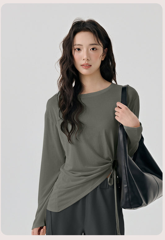 Casual Loose High-Grade Yoga Clothes Blouse Women Side Drawstring Workout Blouse Thin Breathable Sportswear Long Sleeve - Iyanka