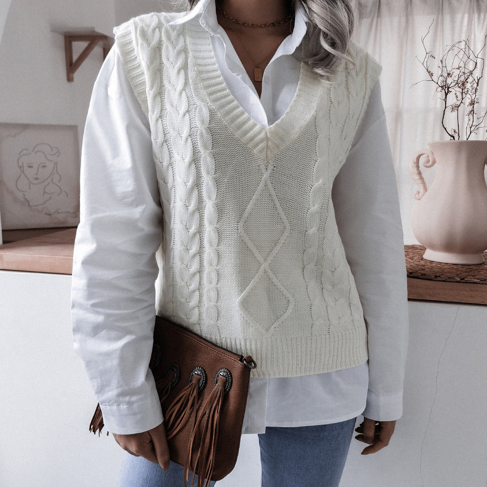 Autumn Winter V neck Twist Casual Loose Knitted Vest Sweater Waistcoat Women Clothing - Iyanka