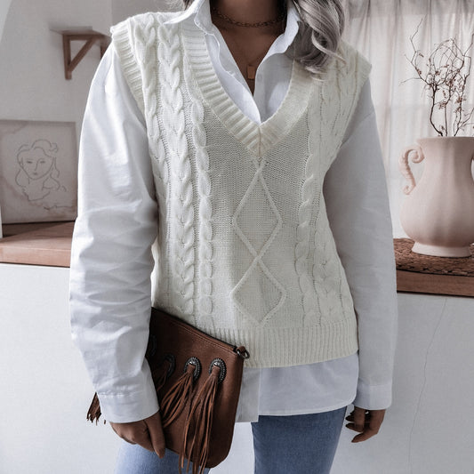 Autumn Winter V neck Twist Casual Loose Knitted Vest Sweater Waistcoat Women Clothing - Iyanka