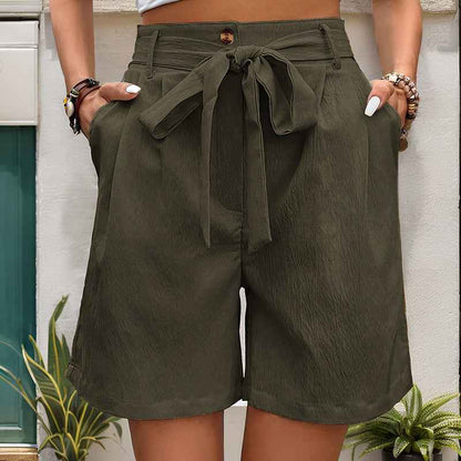 Women Clothes Casual Pants Women Tied Elastic Waist Solid Color Fifth Pants Office Wide Leg Shorts