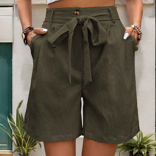 Women Clothes Casual Pants Women Tied Elastic Waist Solid Color Fifth Pants Office Wide Leg Shorts