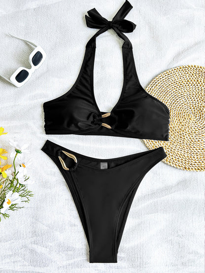 Bikini Solid Color Halter Lace up Sexy Bikini Split Swimsuit Swimwear - Iyanka
