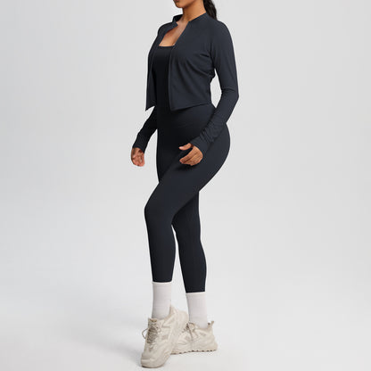 Skinny Yoga Pants High Waist Nude Feel Camisole Sports Zip Long Sleeve Coat Workout Clothes Three Piece Set - Iyanka