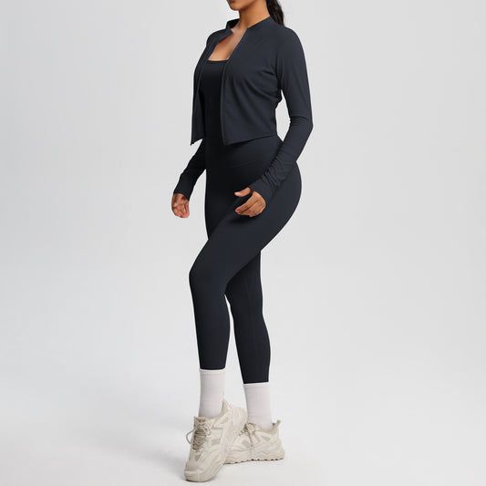 Skinny Yoga Pants High Waist Nude Feel Camisole Sports Zip Long Sleeve Coat Workout Clothes Three Piece Set - Iyanka