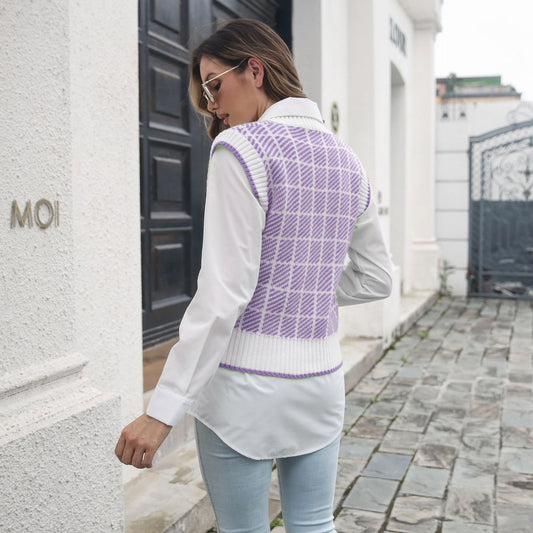 Plaid Striped V-neck Vest Sweater Women Vest Outer Wear Inner Wear Autumn Winter Knitwear Sweater - Iyanka