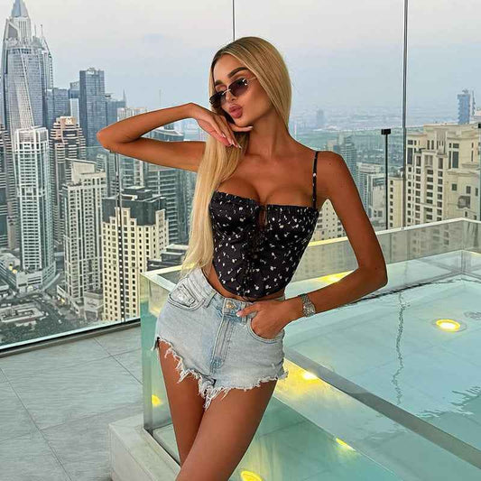 Women’s Summer Slim Fit Printed Cutout Spaghetti Strap Tube Top