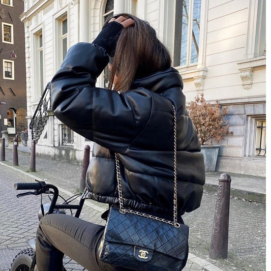 Autumn Winter Leather Coat Women Stand Collar Short Warm Bread Cotton Padded Jacket - Iyanka
