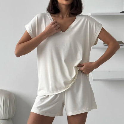 Ladies Pajamas Summer Thin Loose Comfortable Knitted Solid Color Short Sleeve Shorts Two Piece Home Wear - Iyanka