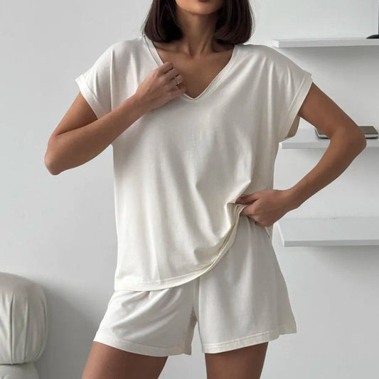 Ladies Pajamas Summer Thin Loose Comfortable Knitted Solid Color Short Sleeve Shorts Two Piece Home Wear - Iyanka