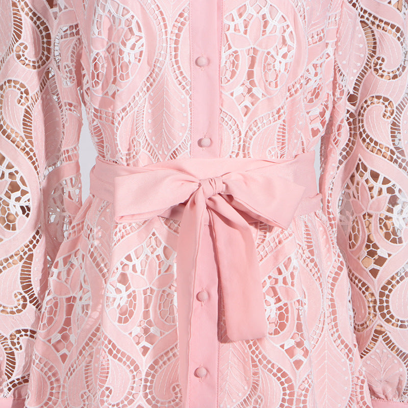 Heavy Industry Embroidery Summer Polo Collar Long Sleeve Lace Up Waist Irregular Asymmetric Dress Women