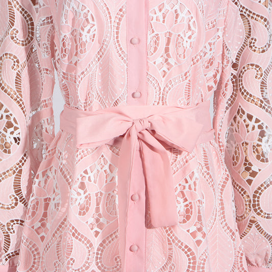 Heavy Industry Embroidery Summer Polo Collar Long Sleeve Lace Up Waist Irregular Asymmetric Dress Women