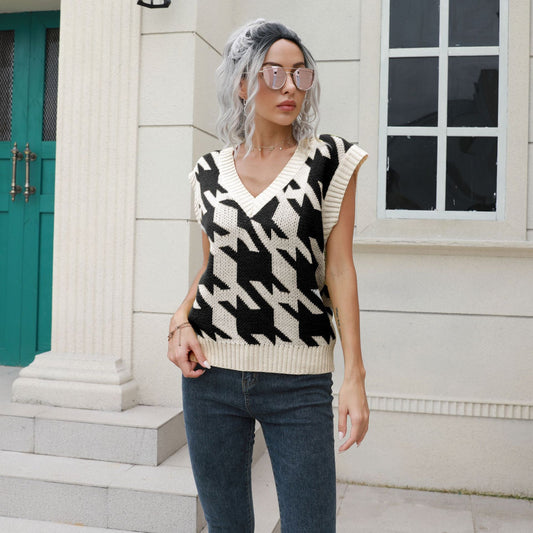 Houndstooth V-neck Vest Sweater Women Vest Outer Wear Inner Wear Autumn Winter Knitwear Sweater Boucle - Iyanka