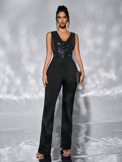 Women Casual Waist Tight Women Jumpsuit Loose Wide Leg Sequ Jumpsuit - Iyanka