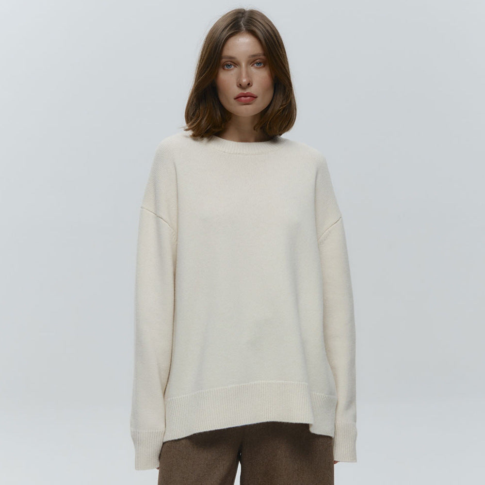 Round Neck Sweater Women Autumn Winter Loose Pullover Sweater Simple Solid Color Sweater - Iyanka