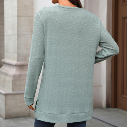 Autumn Winter round Neck Geometric Abstract Jacquard Loose Fitting Long Sleeved T shirt Top Women - Iyanka