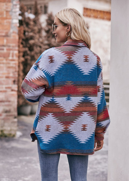 Women Autumn Winter Aztec Geometric Abstract Jacket Shirt Collared Woolen Coat - Iyanka