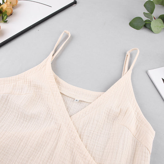 Summer Suspenders Nightdress Cotton Stomach Blanket Ladies Homewear French Sexy Double Layer Gauze Pajamas Confinement Clothing - Iyanka