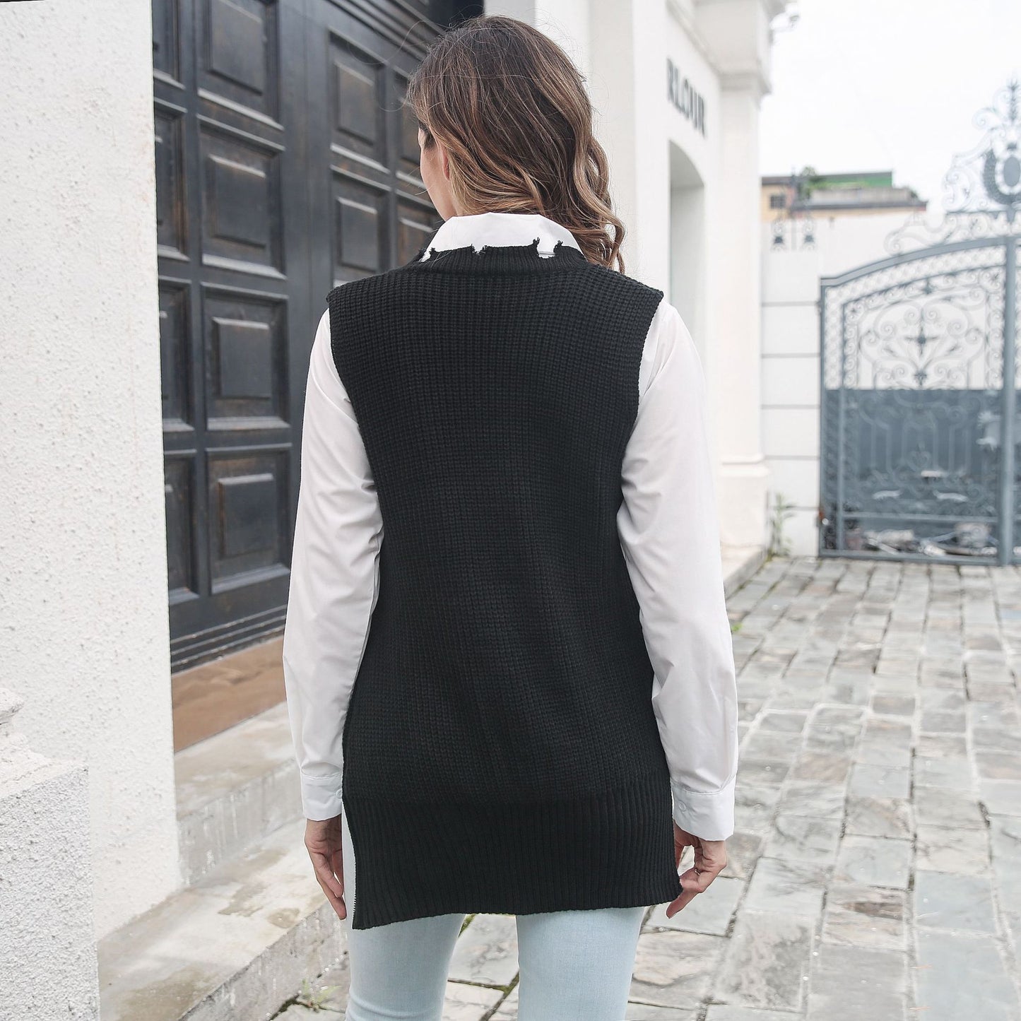 Personalized Side Zipper Split V-neck Vest Knitted Sweater Women Ripped Vest Outer Wear Women Clothing Sweater - Iyanka