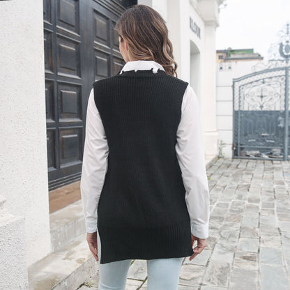 Personalized Side Zipper Split V-neck Vest Knitted Sweater Women Ripped Vest Outer Wear Women Clothing Sweater - Iyanka