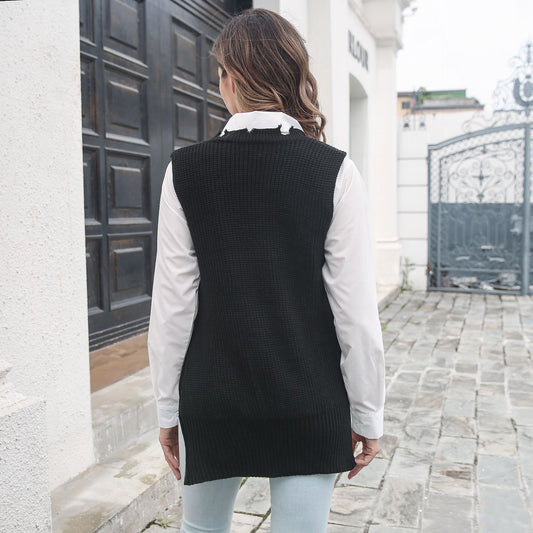 Personalized Side Zipper Split V-neck Vest Knitted Sweater Women Ripped Vest Outer Wear Women Clothing Sweater - Iyanka