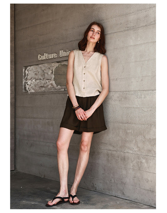 Summer All Linen Women Vests Special Interest Design V neck Sleeveless Top Solid Color Vest - Iyanka