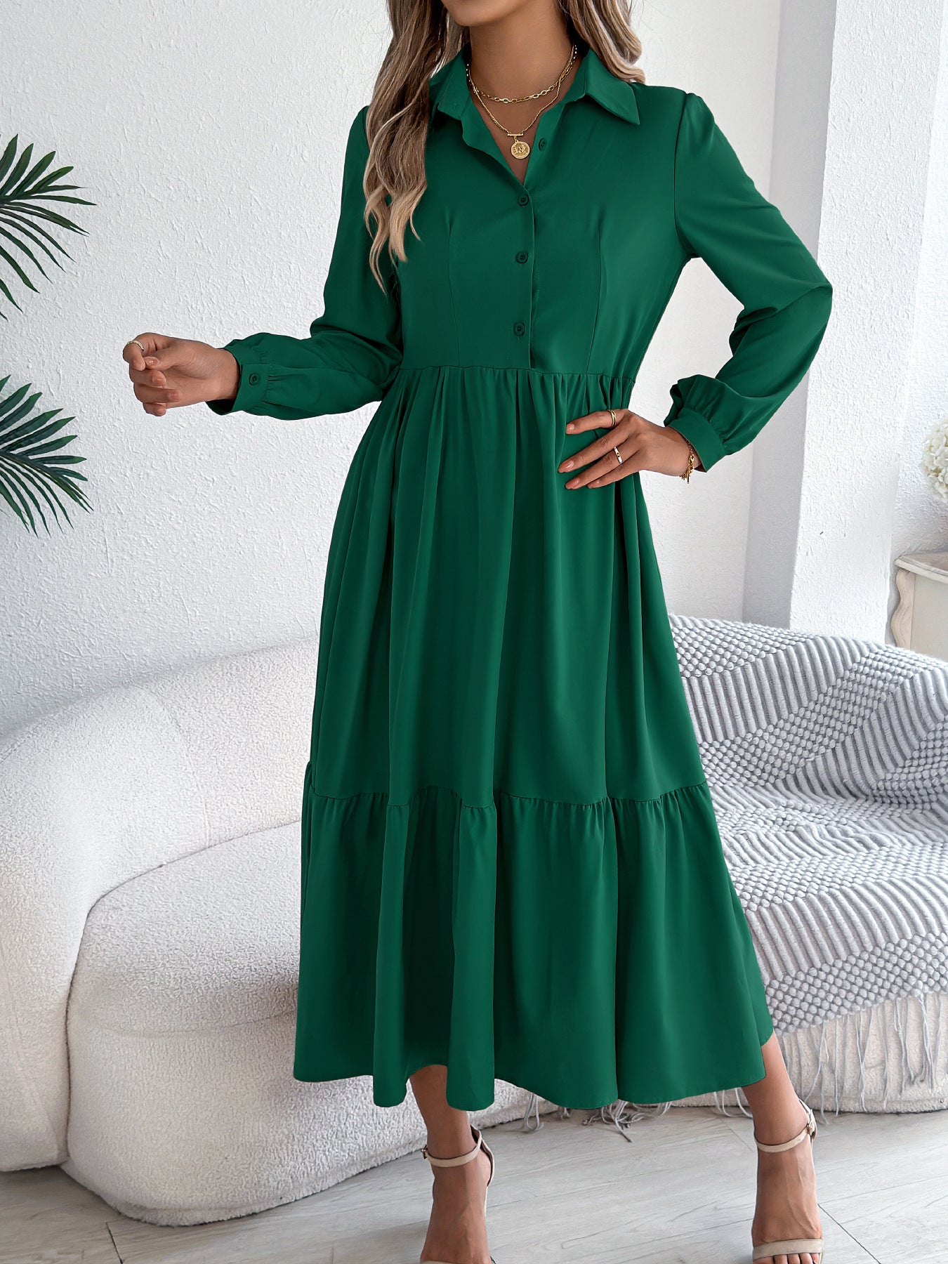 Autumn Winter Collared Casual Loose Long Sleeve Ruffled Shirt Dress Women Clothing