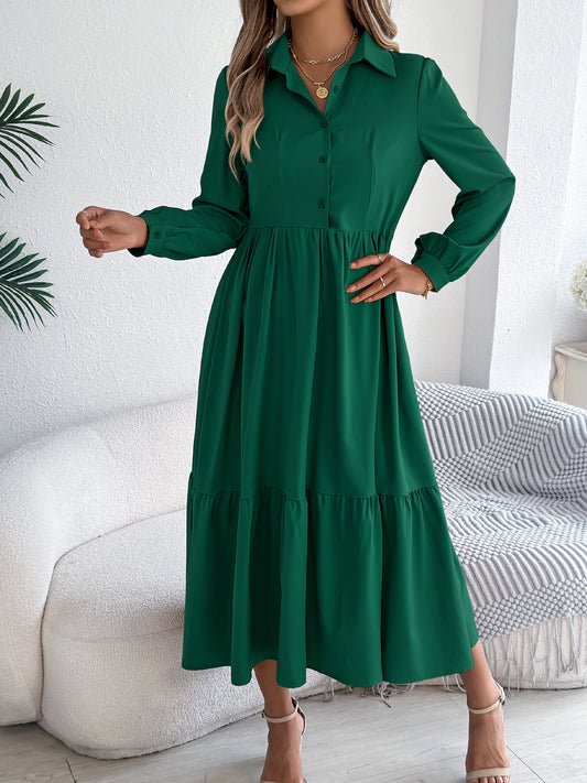 Autumn Winter Collared Casual Loose Long Sleeve Ruffled Shirt Dress Women Clothing
