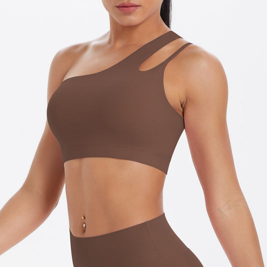 Solid Color One Shoulder Beauty Back Yoga Bra Nude Feel Push up Sports Bra Irregular Asymmetric Shoulder Strap Sports Vest for Women - Iyanka