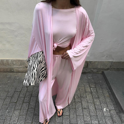 Summer Pajamas Three Piece Knitted Solid Color Top Trousers Loose Comfortable Home Wear - Iyanka