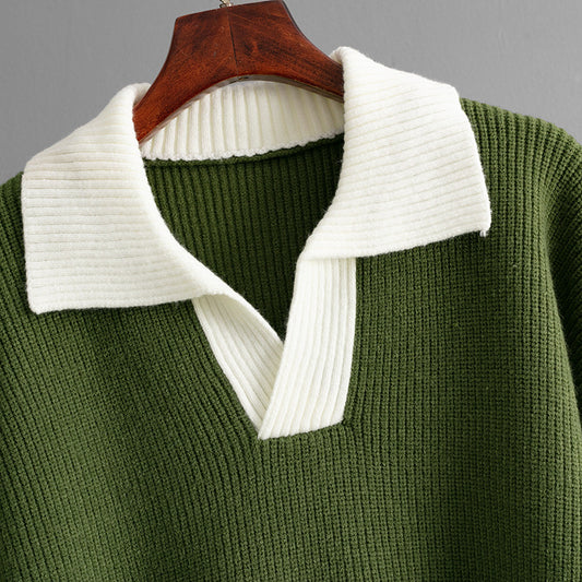 Autumn Winter Knitted Top Women Color Matching Polo Collar Loose Pullover Sweater Outerwear Sweater - Iyanka