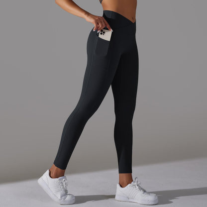 Solid Color Nude Feel Skin Friendly Cross Waist Pocket Yoga Pants High Waist Hip Lift Stretch Fitness Sports Ninth Pants - Iyanka
