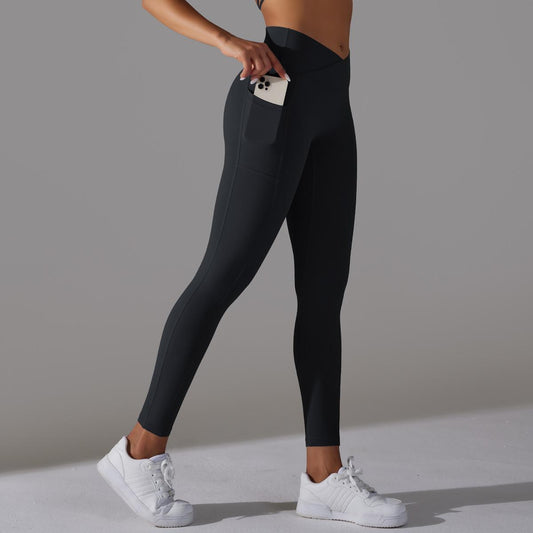 Solid Color Nude Feel Skin Friendly Cross Waist Pocket Yoga Pants High Waist Hip Lift Stretch Fitness Sports Ninth Pants - Iyanka