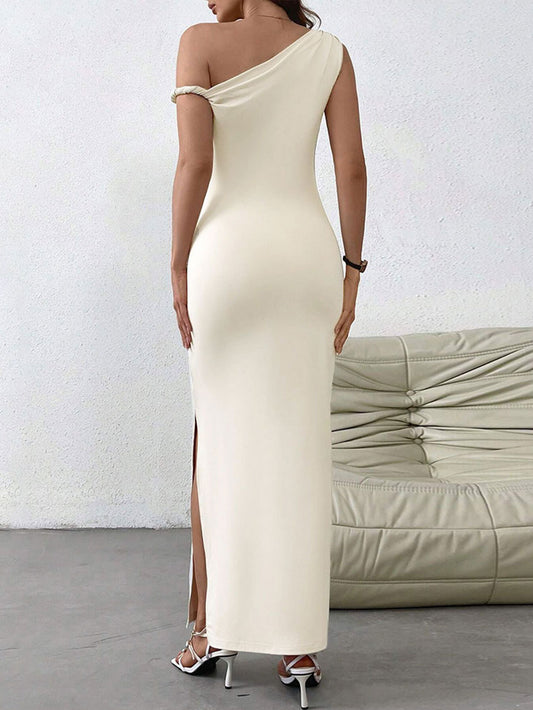 Women Clothing Spring Summer Sexy Socialite Dress One Shoulder Cold Shoulder Maxi Dress