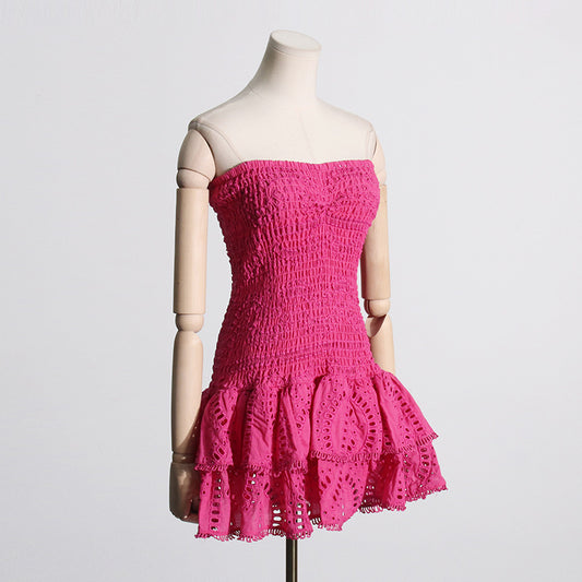 Spring Sexy Sexy Elastic Waist Tube Top Embroidered Ruffled Short Dress for Women