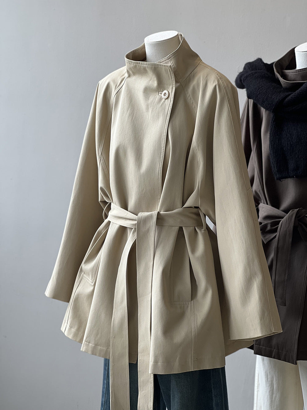 Retro Elegant Mid Length Trench Coat Women Spring Loose Waist Stand Collar Top - Iyanka