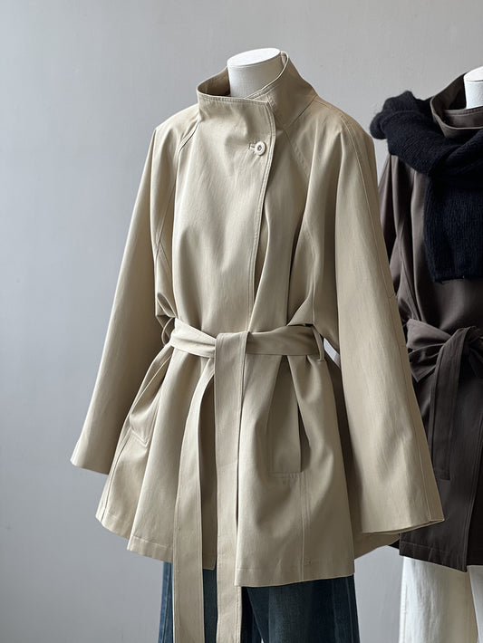 Retro Elegant Mid Length Trench Coat Women Spring Loose Waist Stand Collar Top - Iyanka